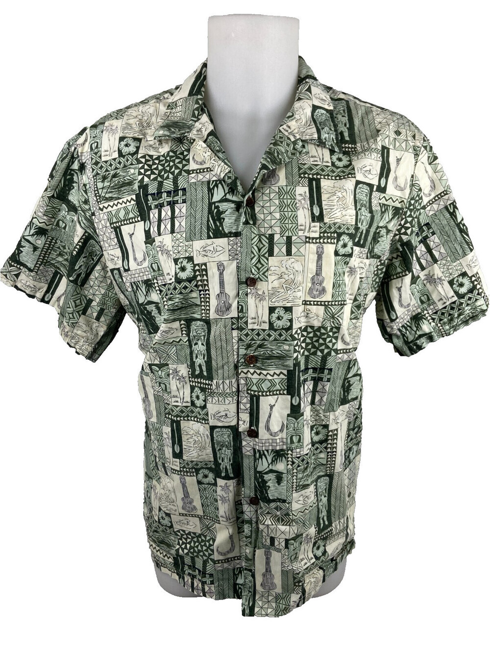RJC Men 2XL Green Hawaiian Shirt Tropical Tiki Surfer Ukulele Casual Beach